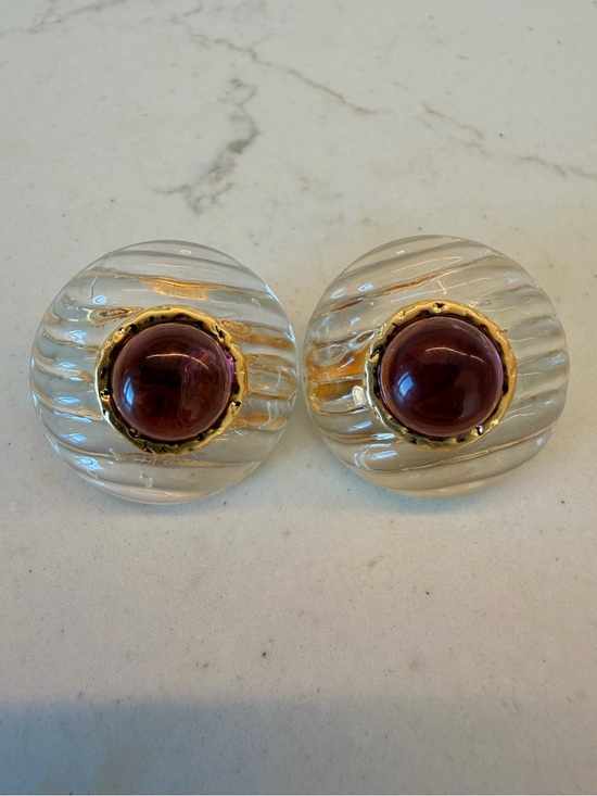 CHANEL Jewelry - Vintage Chanel Clear Gripoix Glass Clip-On Earrings w/ Purple Cabochon CC Detail
